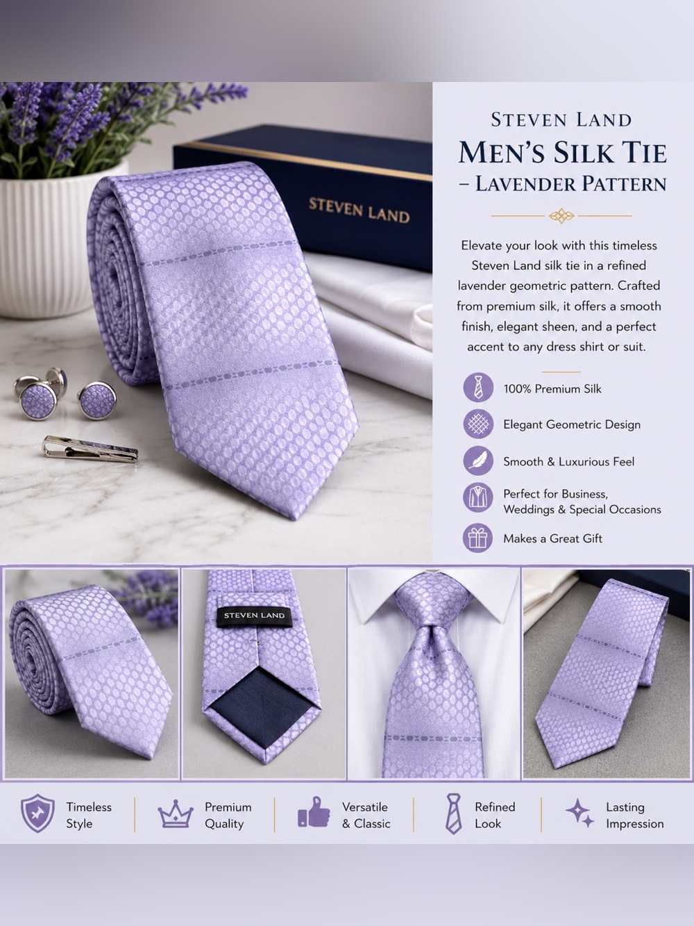Men’s Silk Tie – Steven Land Classic (Lavender Pattern)